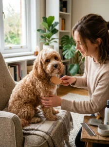 Owner brushing a Cavapoo's curly wavy coat between grooming appointments
