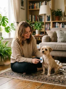 Morkie with a short puppy cut being brushed by its owner