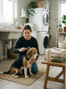 Owner brushing a beagle before bath time beside a dog washing station.