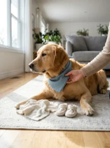 Owner checking a lightweight bandana on a relaxed dog before a pregnancy announcement photo.