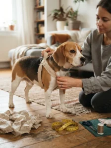 Beagle wearing a homemade harness mock-up while the fit is checked