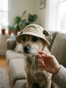 Owner checking the fit of a lightweight dog hat to keep it comfortable and safe.