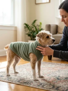 Owner checking the chest and leg fit of a dog's fleece sweater