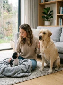 Dog owner comparing puppy size with adult dog size