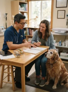 Veterinarian discussing a homemade diet plan with a dog owner