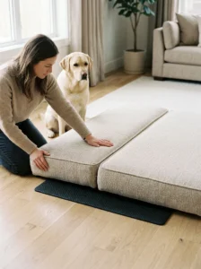 Owner checking a dog bed extension for stability and safe cushion connections.
Copy alt text