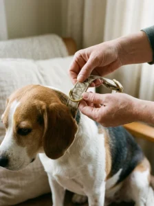 Owner checking the stitching on a soft decorative dog collar before use.
