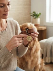 Dog owner checking a collar, ID tag, and secure tag ring