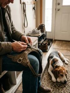 Dog owner checking harness straps, buckles, and stitching for signs of wear.