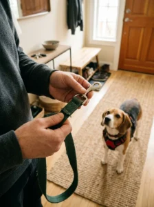 Dog owner checking leash stitching and metal clip for signs of wear.