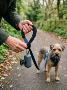DIY dog poop bag holder safely attached to a leash handle