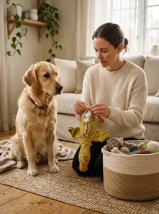 Dog owner checking a squeaky toy for damage before storing it