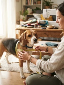 Dog owner measuring a Beagle before sewing a homemade harness