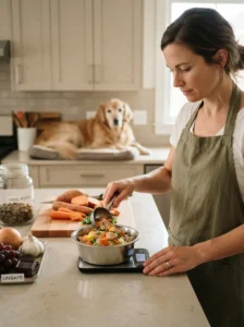 Dog owner checking ingredients and measuring a homemade dog food portion