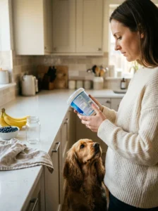 Dog owner checking a yogurt label before giving it to a dog