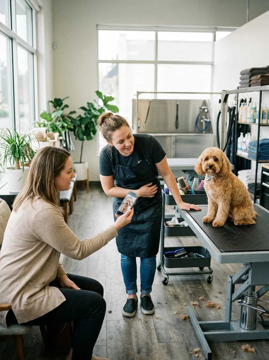 Dog owner showing a groomer a reference photo of the desired haircut