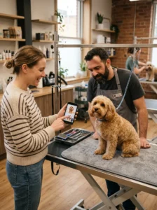 Dog owner showing a groomer photos of a desired teddy bear haircut