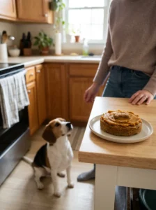 Dog-friendly birthday cake with plain pumpkin frosting kept under owner supervision.