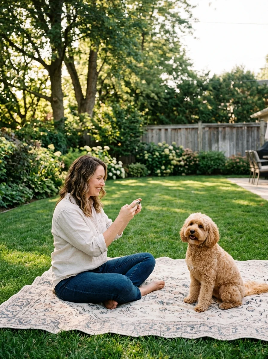Happy Cavapoo showing off its fresh haircut beside its owner