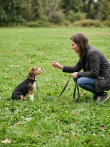 Owner rewarding a beagle puppy during positive reinforcement training.