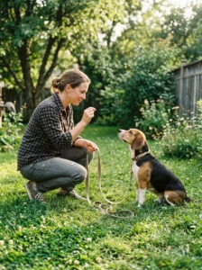 Owner teaching a beagle to respond to its name with positive reinforcement.