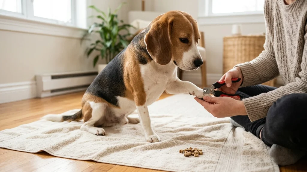 Owner gently trimming a beagle's nails with dog nail clippers