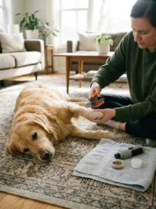 Dog nail trimming tools and treats arranged for a calm grooming session