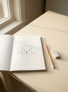 Pencil, eraser, and sketchbook for practicing easy dog drawings.