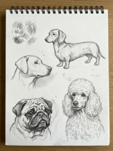 Dog drawing practice showing fur texture, breed features, and pencil shading.