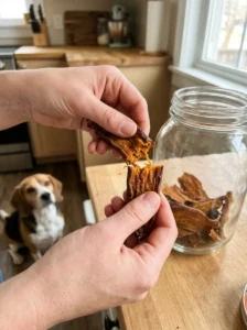 Checking a dehydrated sweet potato treat for moisture before storage.