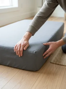 Checking the cover and condition of an upcycled crib mattress dog bed