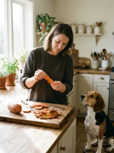 Dog owner checking the texture of homemade dog chews before serving.
