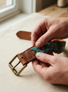 Inspecting the beads, stitching, and buckle of a handmade dog collar for damage.