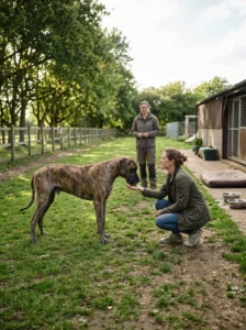 Prospective owner meeting a calm adult Great Dane before adoption.