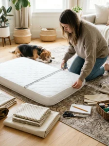 Measuring a crib mattress before making a dog bed cover