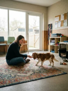 Prospective owner meeting a friendly small dog before adoption.