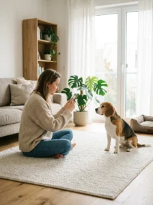 Pet owner photographing a relaxed beagle at eye level with a smartphone.