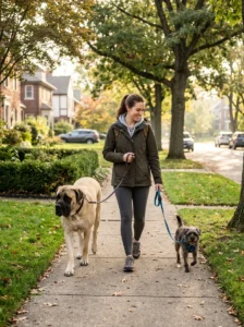 Owner walking small and large dogs while choosing the right dog breed