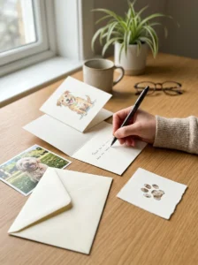 Personalized dog birthday card with a dog photograph, envelope, and paw-print artwork.