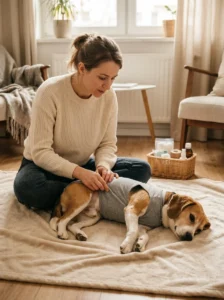 Pet owner checking a dog's recovery suit during post-surgery care