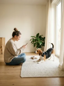 Pet owner taking birthday photos of a beagle with a smartphone and natural window light.