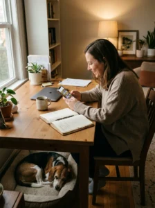 Pet owner choosing a favorite dog birthday photo before writing a personalized caption.