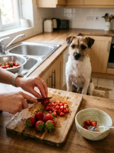 Fresh strawberries being prepared in small portions for a dog