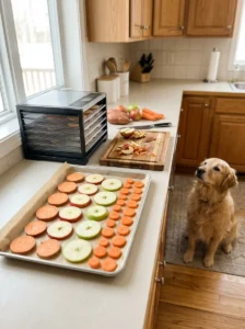 Evenly sliced fruit and vegetables prepared for dehydrated dog treats.