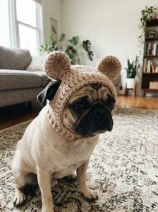 Pug wearing a handmade beige crochet bear-ears hat with a comfortable fit.
