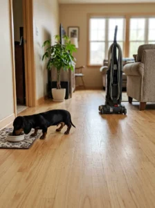 Dachshund puppy eating calmly with a switched-off vacuum cleaner nearby.