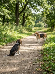 Puppy calmly observing a person from a comfortable distance during socialisation.