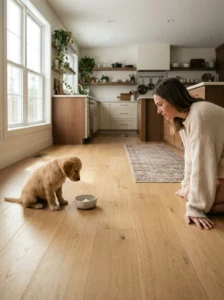 Puppy beside a small serving of plain unsweetened yogurt