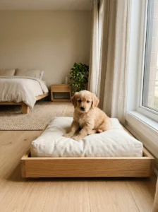 Small puppy sitting on a low attached dog bed