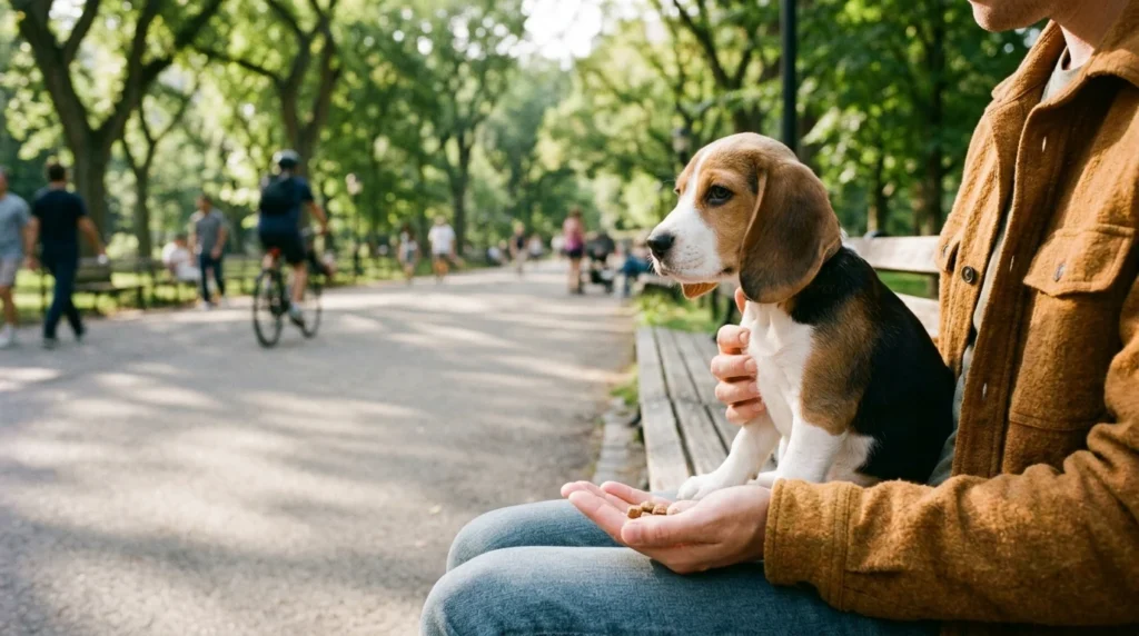 Beagle puppy calmly observing people from a safe spot during socialisation training.